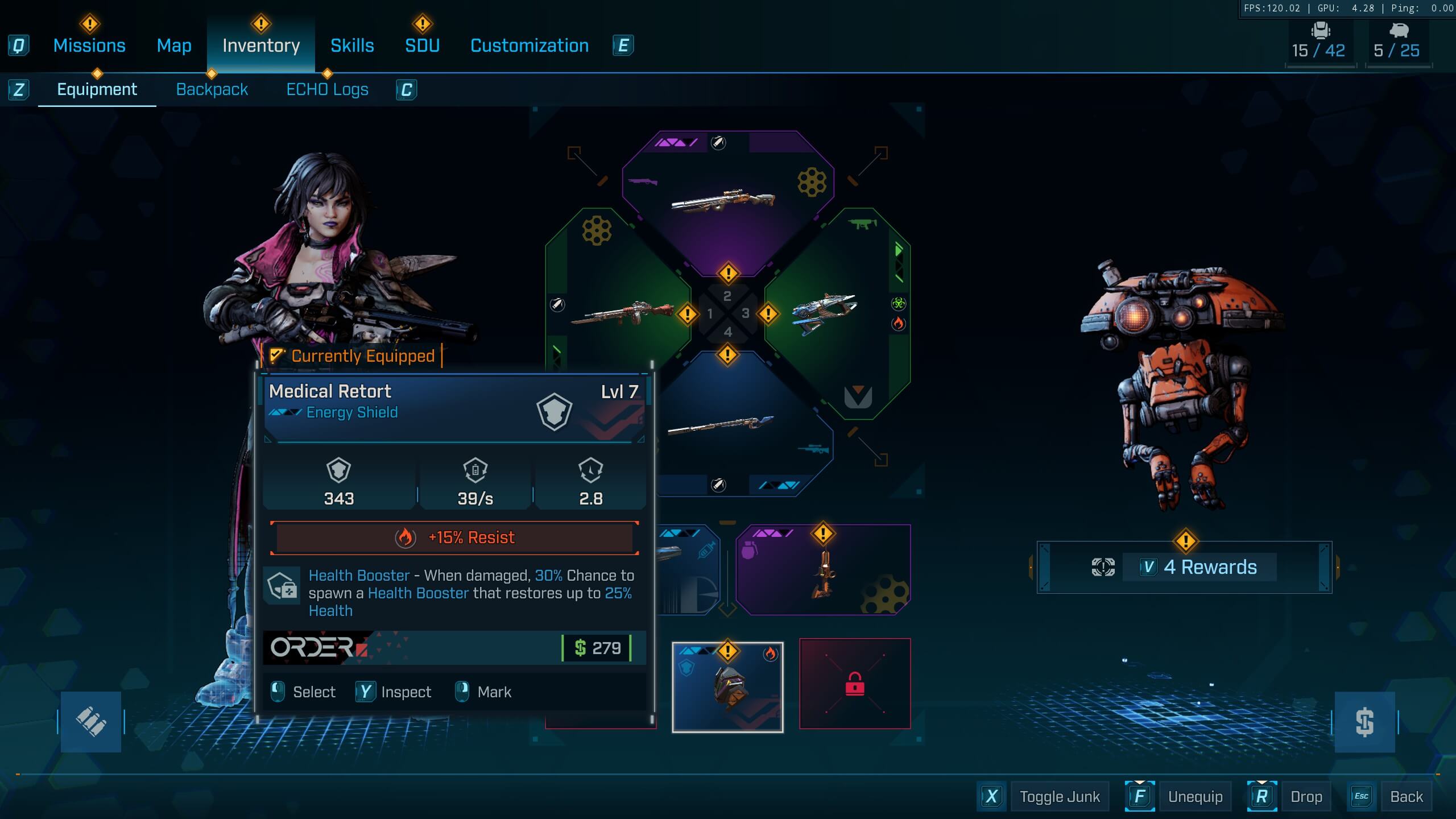 A screen showing the unnecessary need to compare items in Borderlands 4