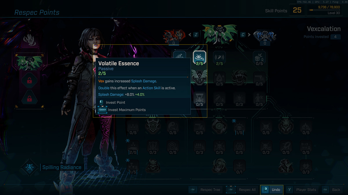 A respec screen that highlights a skill that needs to be refunded