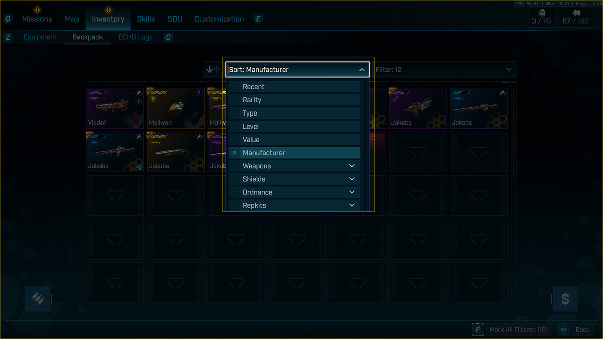 Borderlands 4's new filter mechanic, defaults to manufacturer